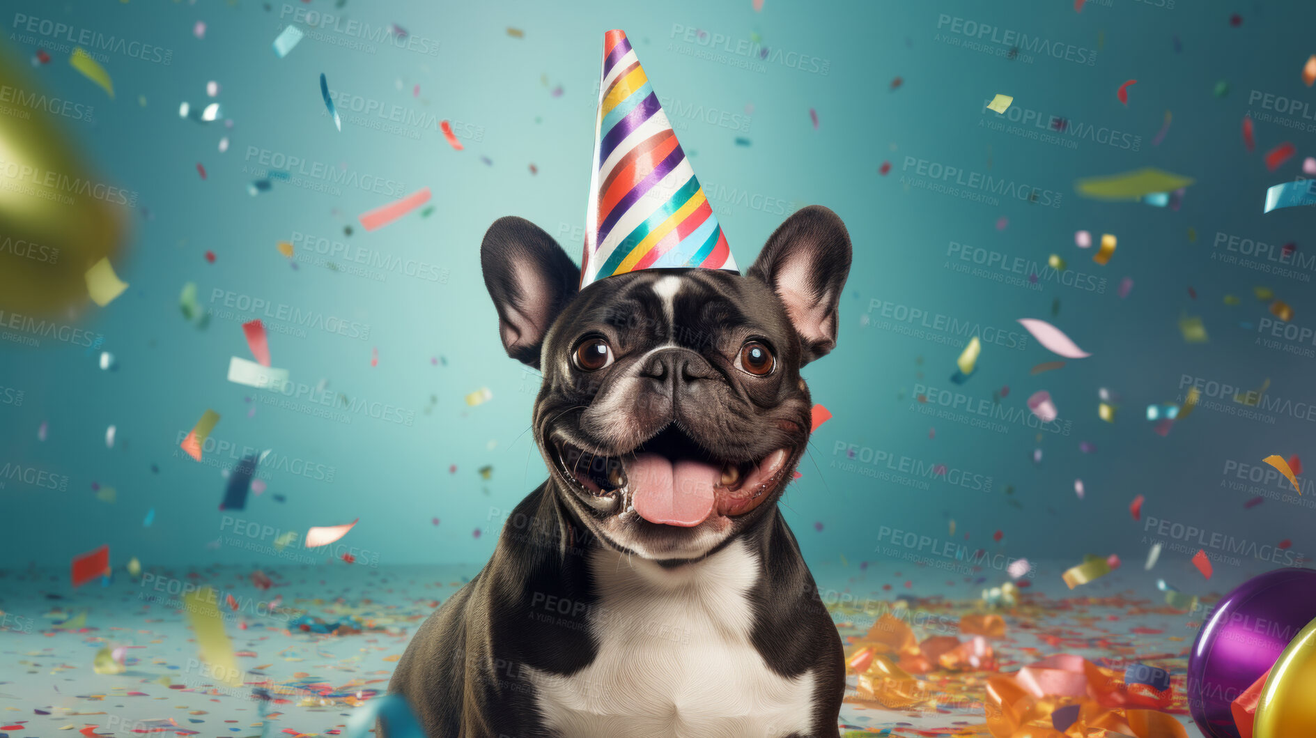 Buy stock photo Portrait of a cute dog wearing a party hat for birthday celebration