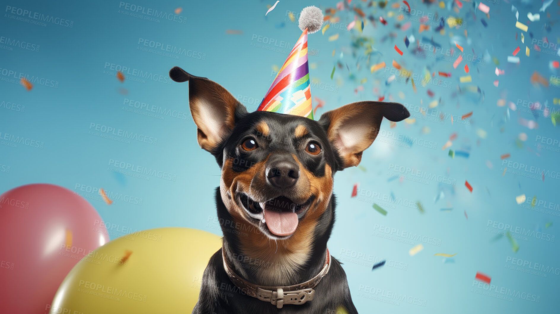 Buy stock photo Portrait of a cute dog wearing a party hat for birthday celebration