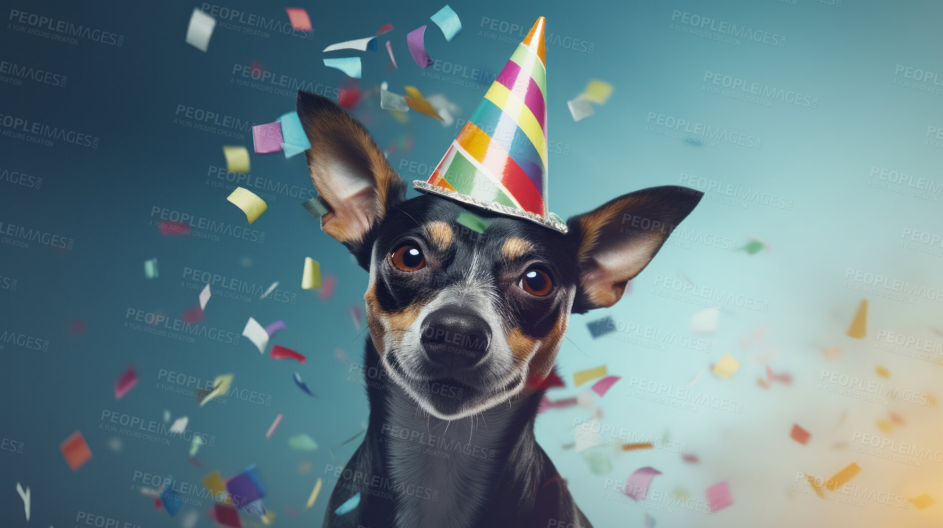 Buy stock photo Portrait of a cute dog wearing a party hat for birthday celebration