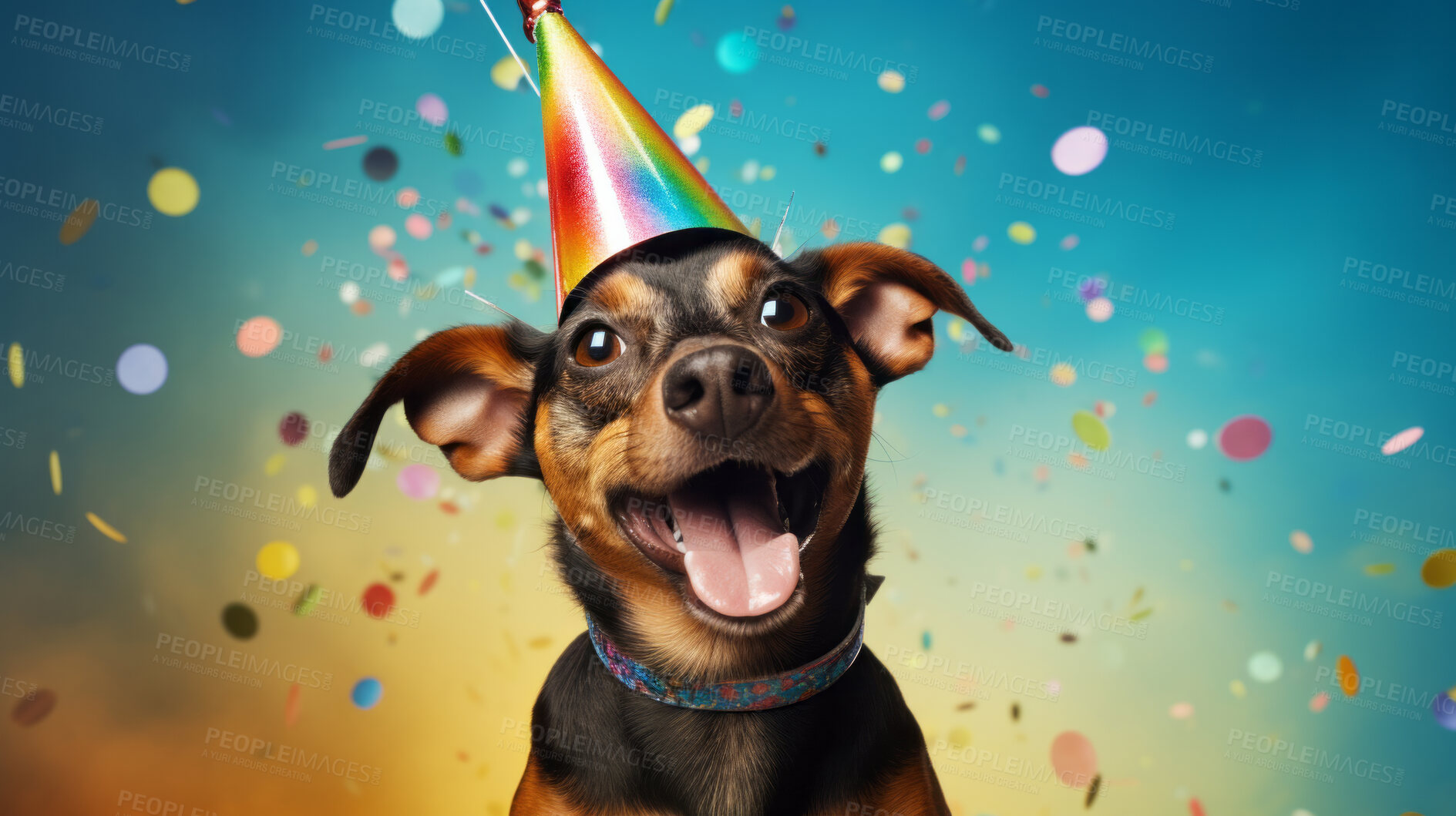 Buy stock photo Portrait of a cute dog wearing a party hat for birthday celebration