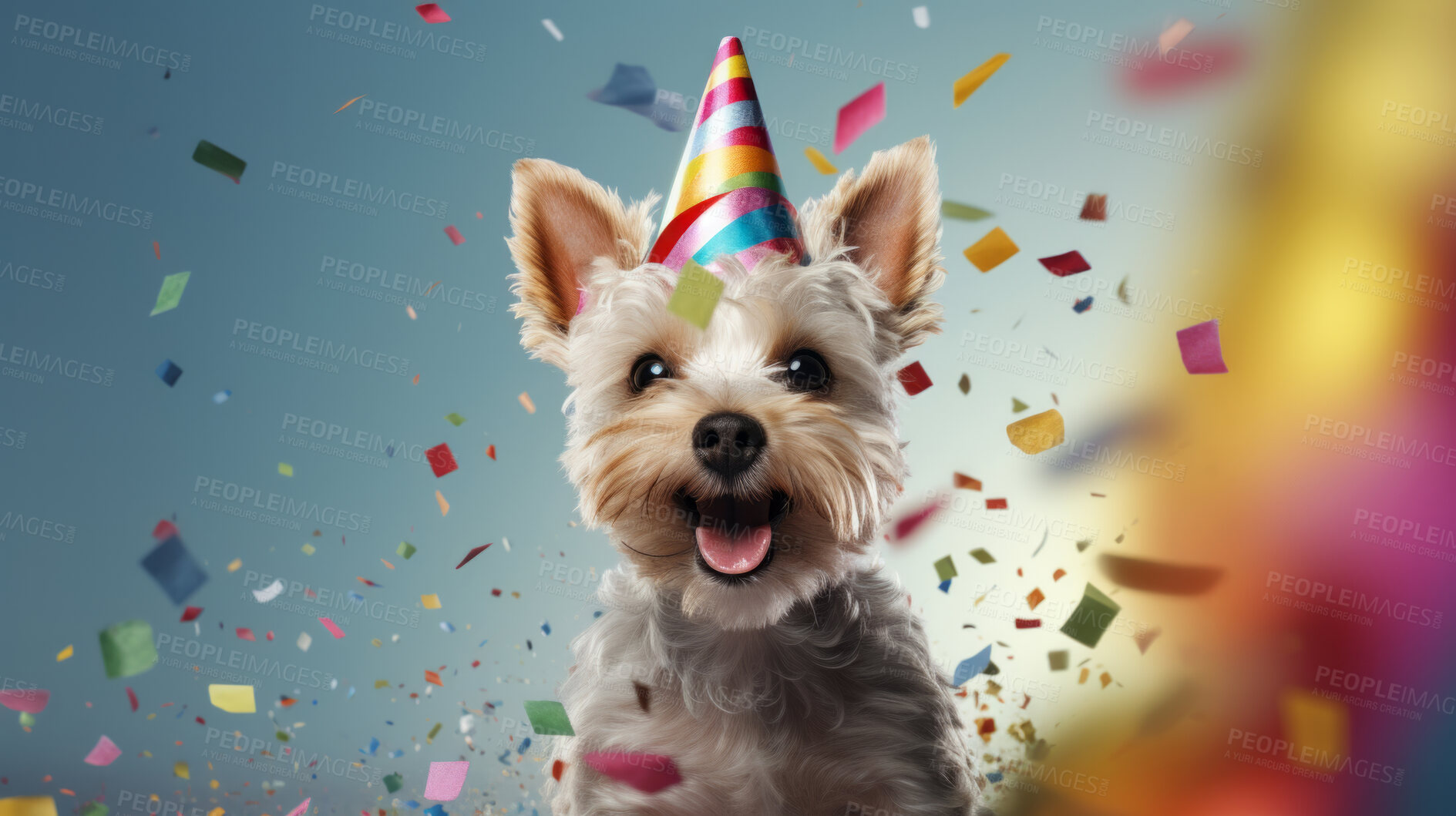 Buy stock photo Portrait of a cute dog wearing a party hat for birthday celebration