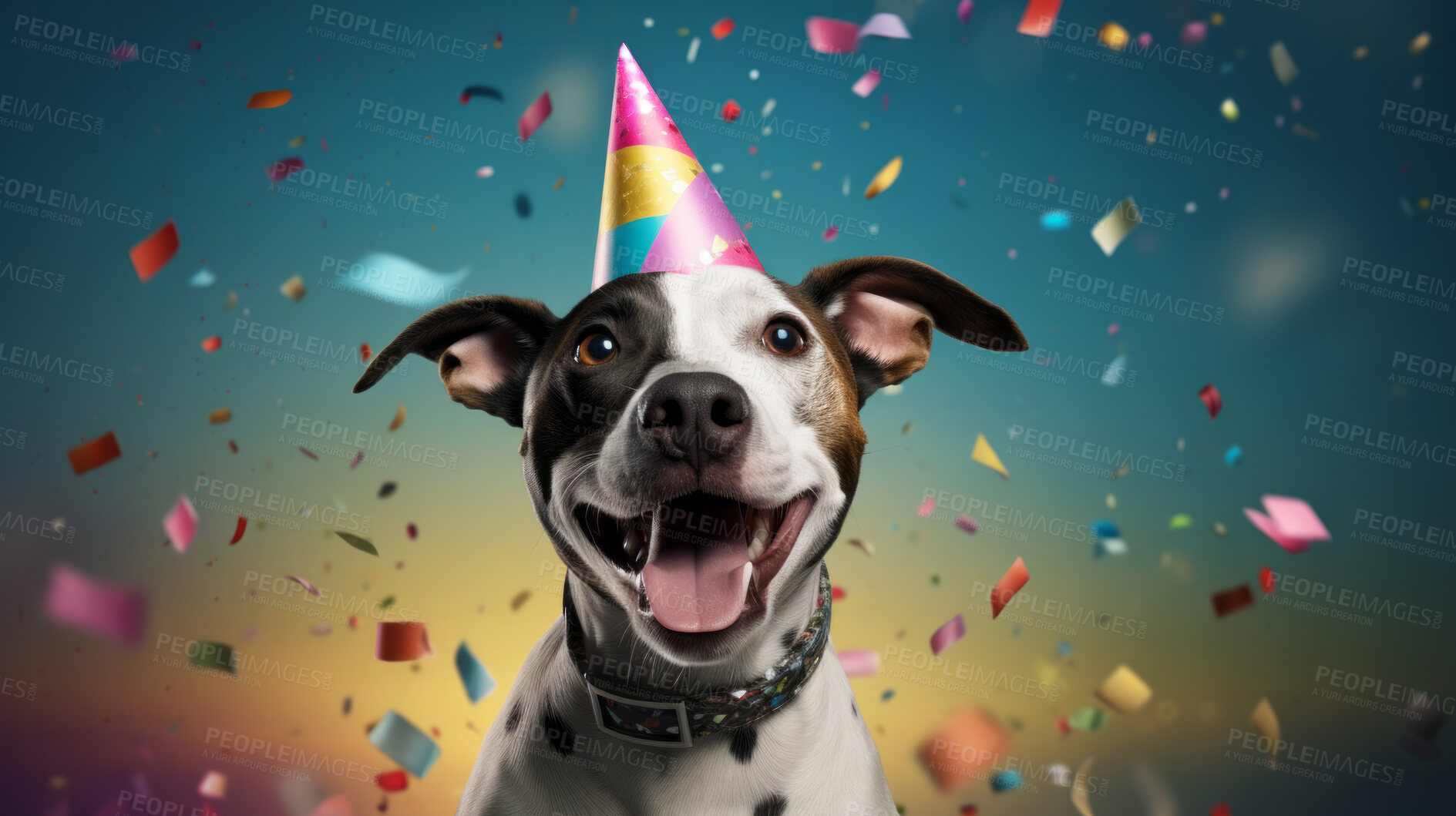 Buy stock photo Portrait of a cute dog wearing a party hat for birthday celebration