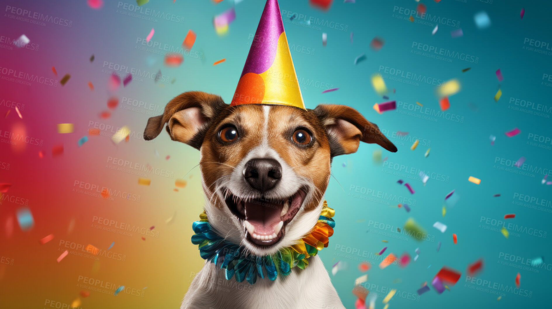 Buy stock photo Portrait of a cute dog wearing a party hat for birthday celebration