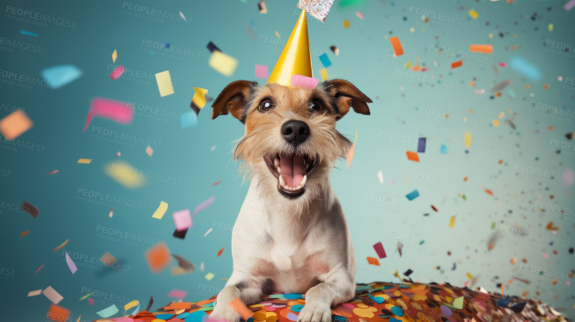 Buy stock photo Portrait of a cute dog wearing a party hat for birthday celebration