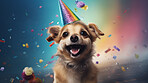 Portrait of a cute dog wearing a party hat for birthday celebration