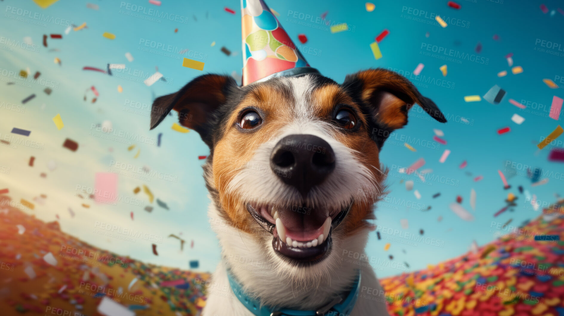 Buy stock photo Portrait of a cute dog wearing a party hat for birthday celebration