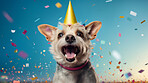 Portrait of a cute dog wearing a party hat for birthday celebration