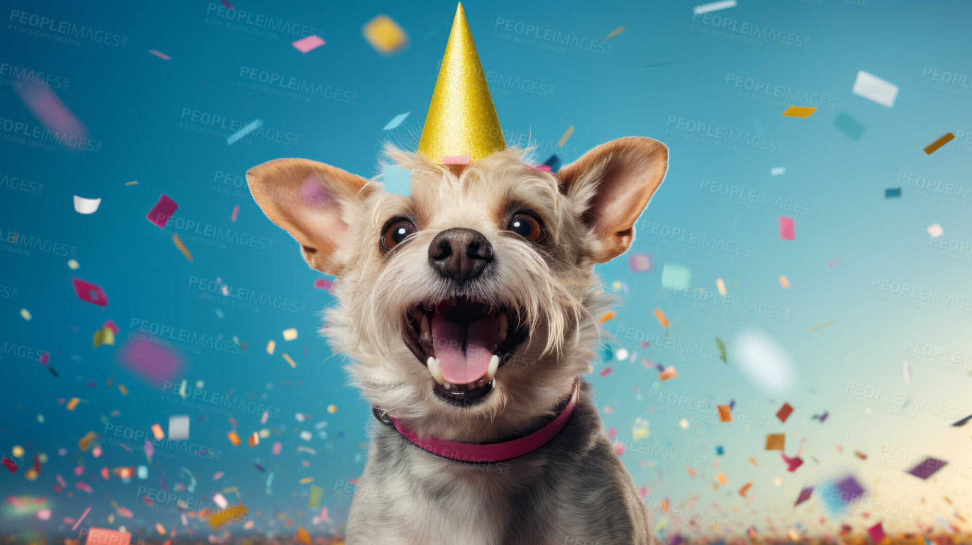 Buy stock photo Portrait of a cute dog wearing a party hat for birthday celebration