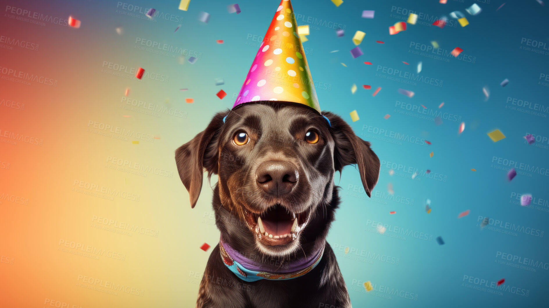 Buy stock photo Portrait of a cute dog wearing a party hat for birthday celebration