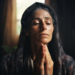 Senior woman in prayer. Hands folded. Faithful worship.  Religion concept.