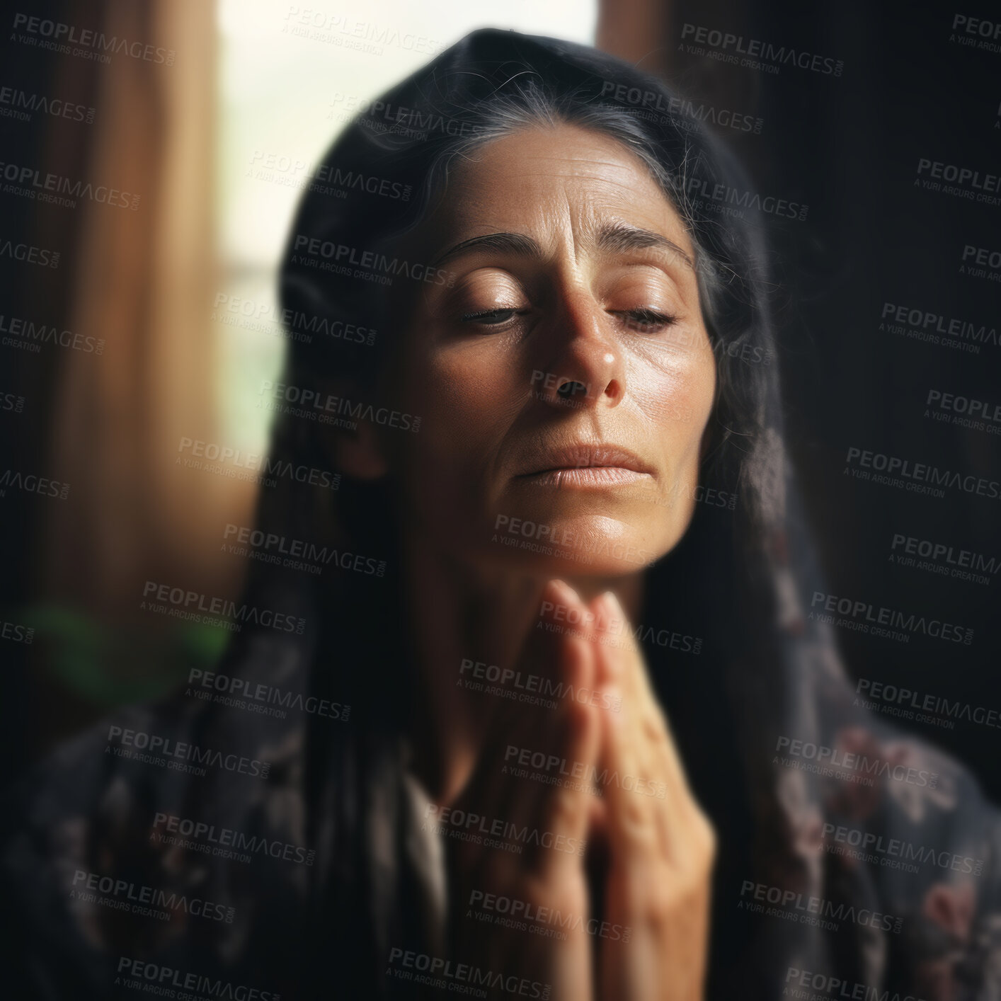 Buy stock photo Senior woman in prayer. Hands folded. Faithful worship.  Religion concept.