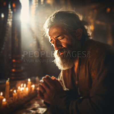 Buy stock photo Mature religious man praying to God in room. Sun shining through window. Religious concept.