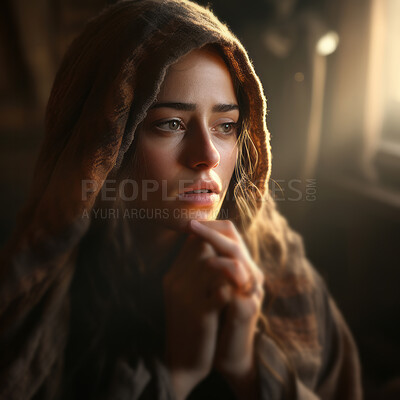 Buy stock photo Portrait of young woman in prayer in dark room. Eyes open. Religion concept.