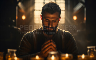 Buy stock photo Mature man praying to God in room with candle light. Religious concept.