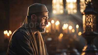Muslim man praying in mosque at sunset. Spiritual connection with God. Religion concept.