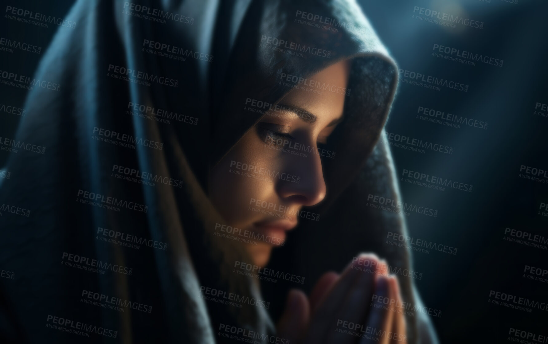 Buy stock photo Close up face of middle eastern woman praying in church. Religion concept.