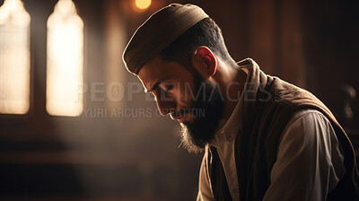 Buy stock photo Muslim man praying in church at sunset. Spiritual connection with God. Religion concept.