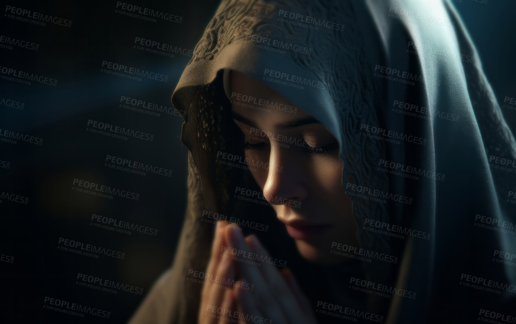 Buy stock photo Portrait of young muslim woman bowing her head in prayer in dark room. Religion concept.