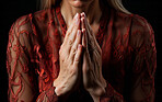 Close up of praying hands. Senior person hands folded in prayer. Religion concept.