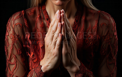 Close up of praying hands. Senior person hands folded in prayer. Religion concept.