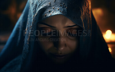 Buy stock photo Close up face of middle eastern woman praying in church. Religion concept.