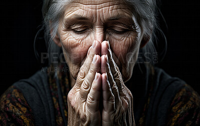 Buy stock photo Close up of praying hands. Senior person hands folded in prayer. Religion concept.