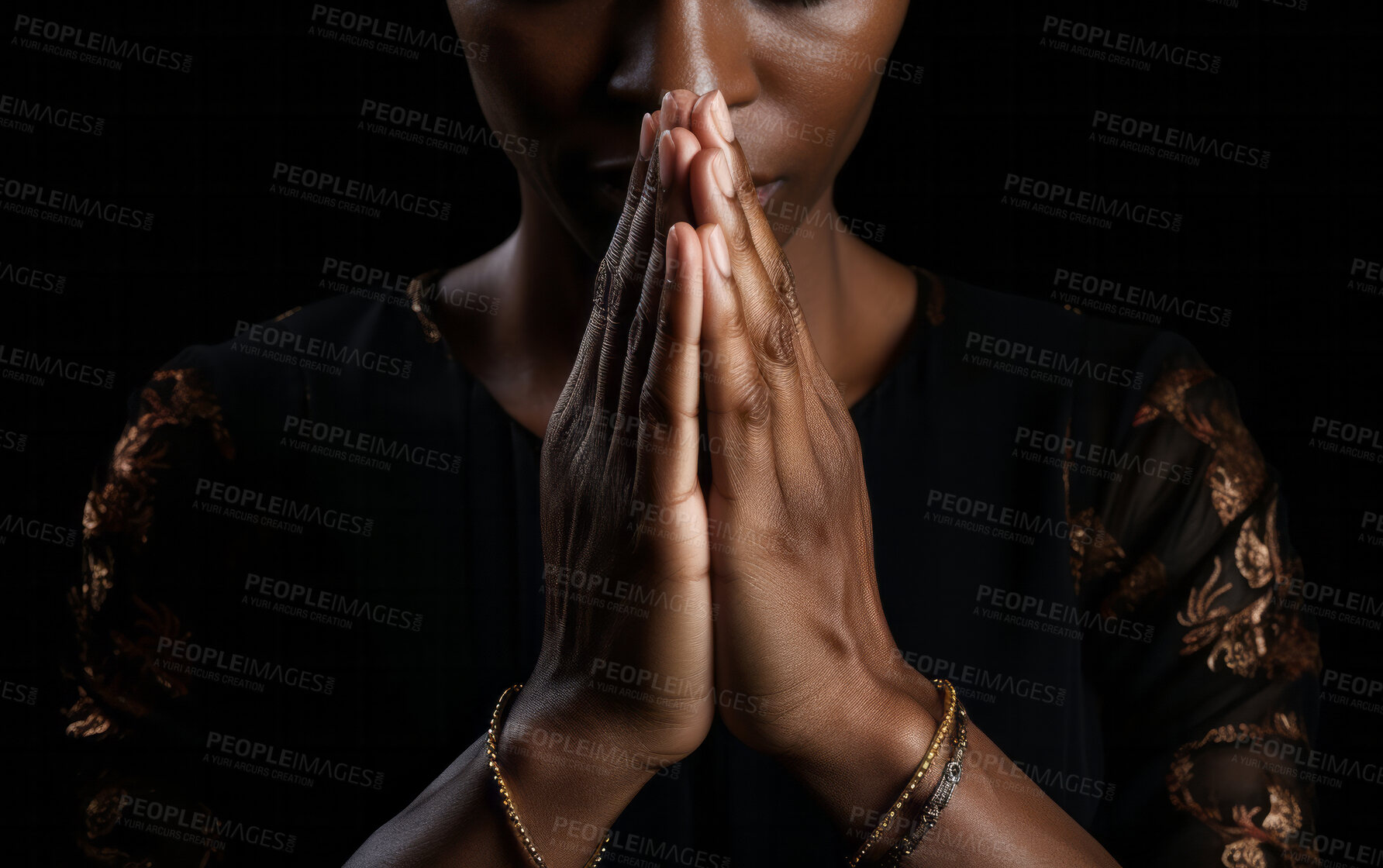 Buy stock photo African-American woman in prayer. Hands folded on black backdrop . Religion concept.