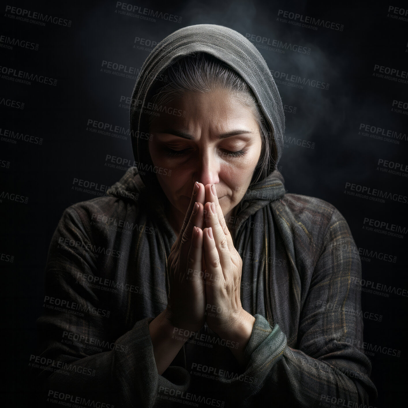 Buy stock photo Senior woman in prayer. Hands folded on black backdrop . Religion concept.