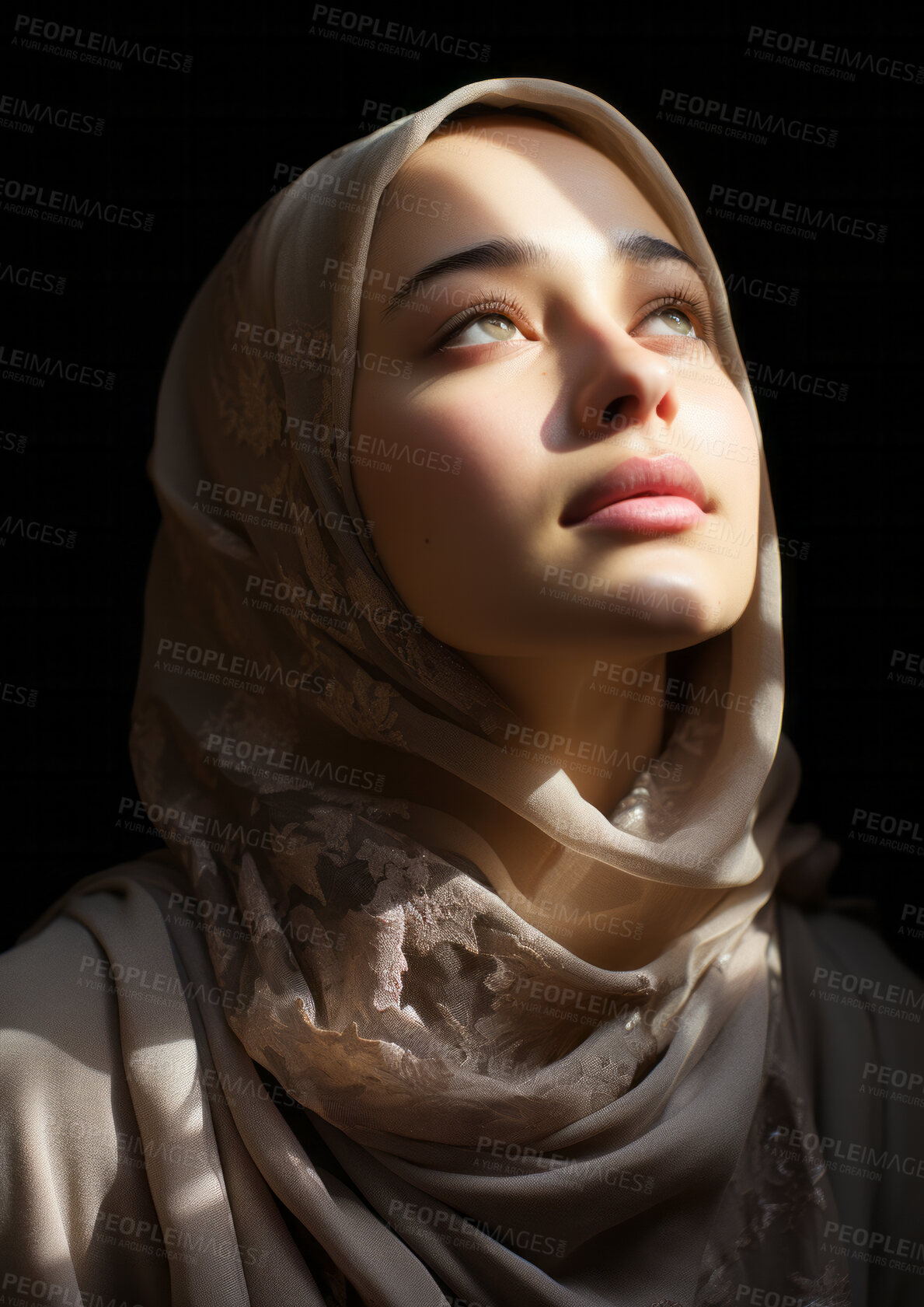 Buy stock photo Young muslim woman lifting her head in prayer. Sunlight on her face. Religion concept.