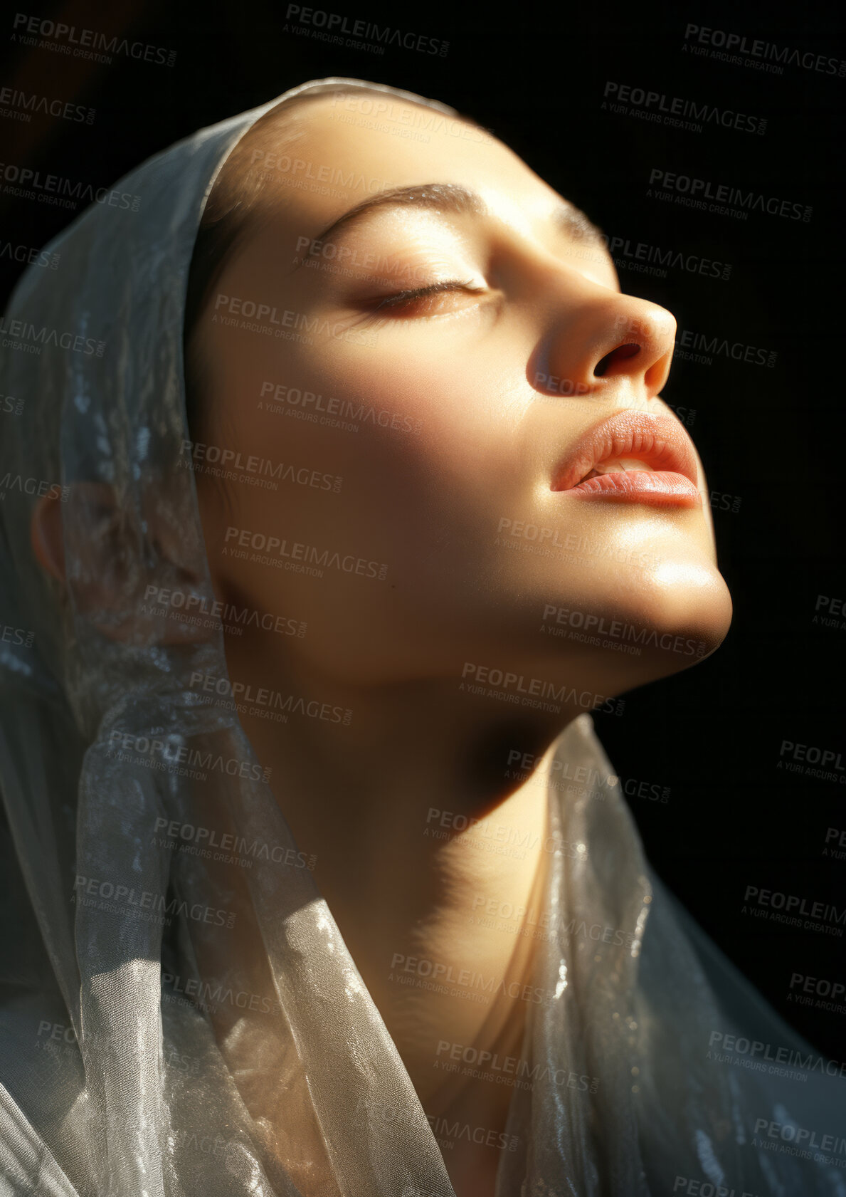Buy stock photo Young muslim woman lifting her head in prayer. Sunlight on her face. Religion concept.