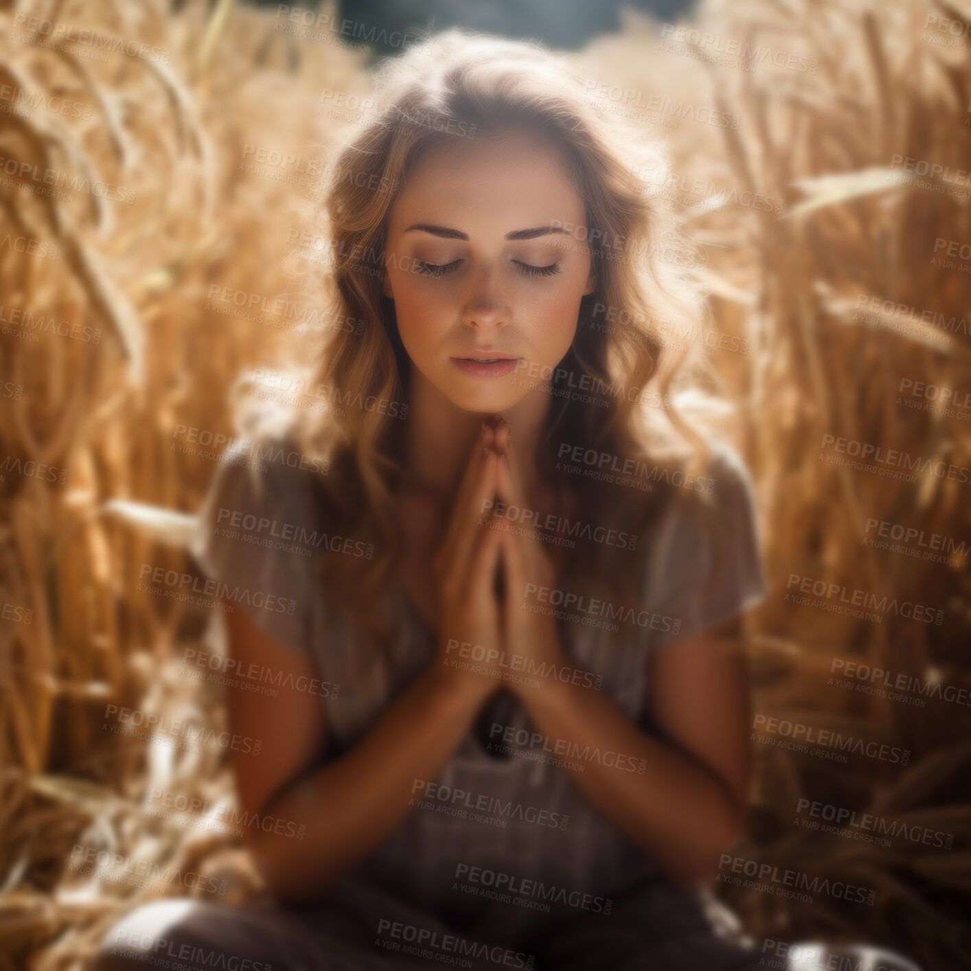 Buy stock photo A woman prays against the backdrop of tall grass. Sunset, peaceful, nature. Religion concept.
