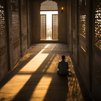 Buy stock photo Religious man praying in mosque during sunset. Religious concept.