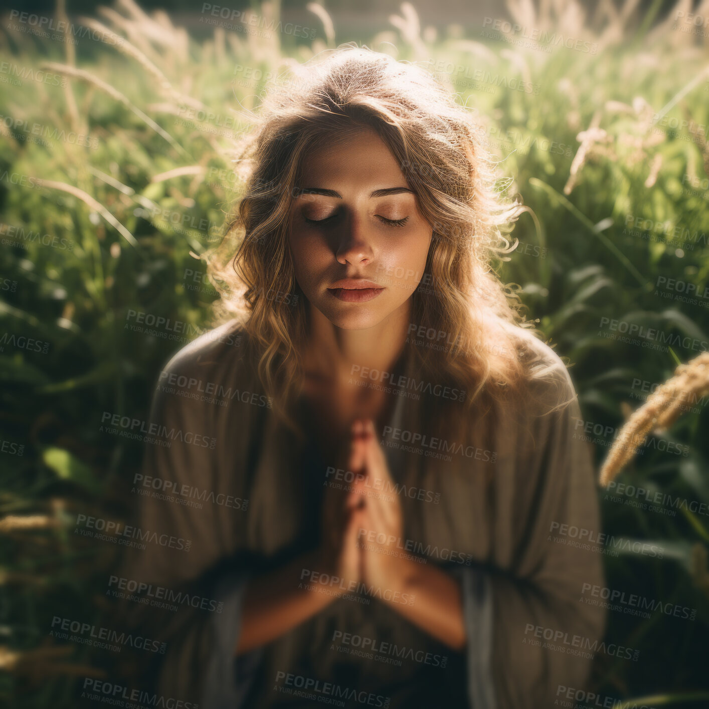 Buy stock photo A woman prays against the backdrop of tall grass. Sunset, peaceful, nature. Religion concept.