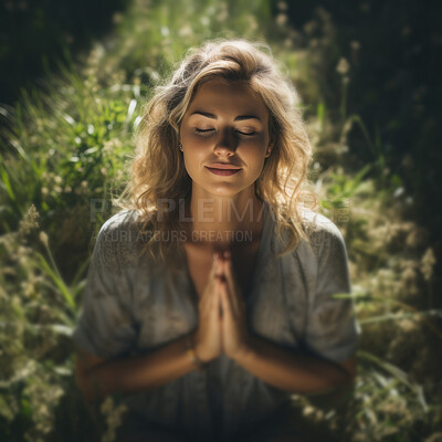 Prayer, woman outdoors on knees praying. Religion concept.