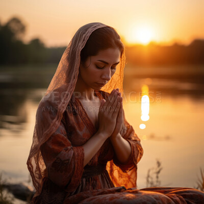 Buy stock photo Prayer, woman on knees praying. Lake and sunset in background. Religion concept.