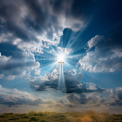 Christian cross seen in cloudy sky with sun. Religion concept.