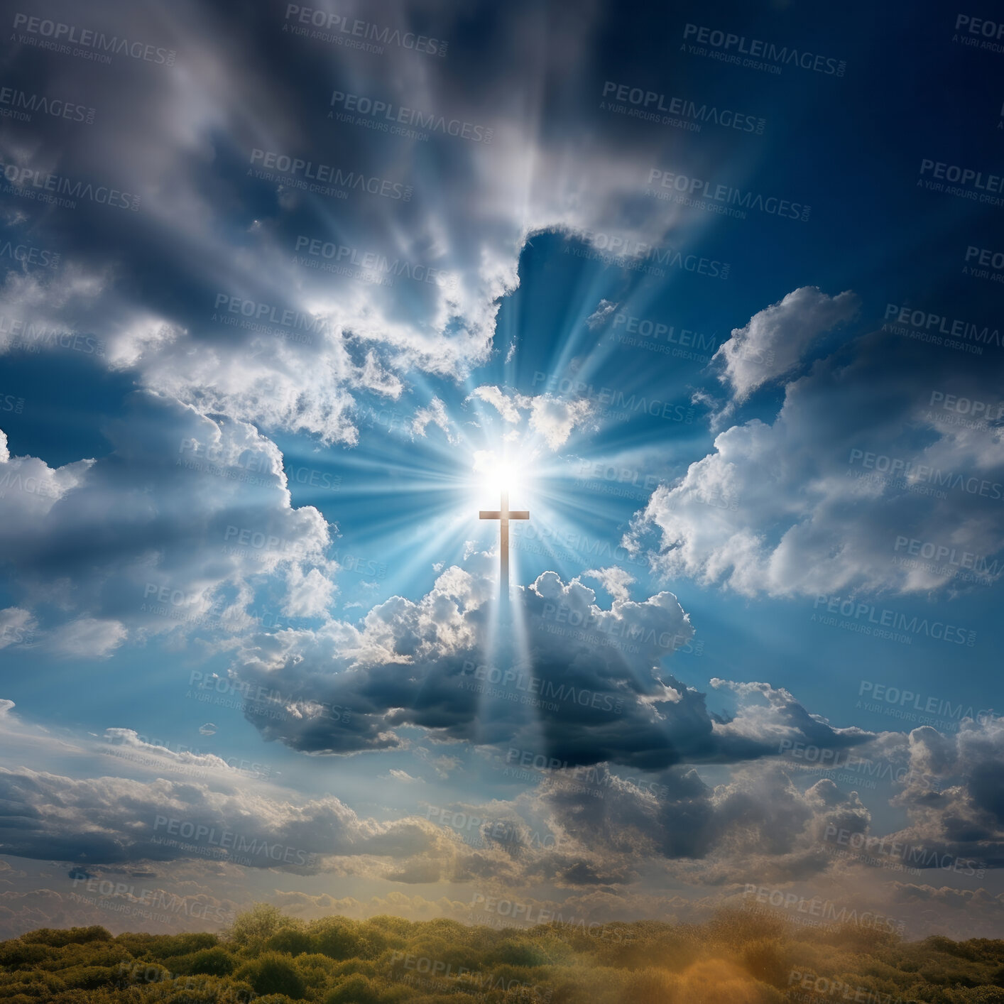 Buy stock photo Christian cross seen in cloudy sky with sun. Religion concept.