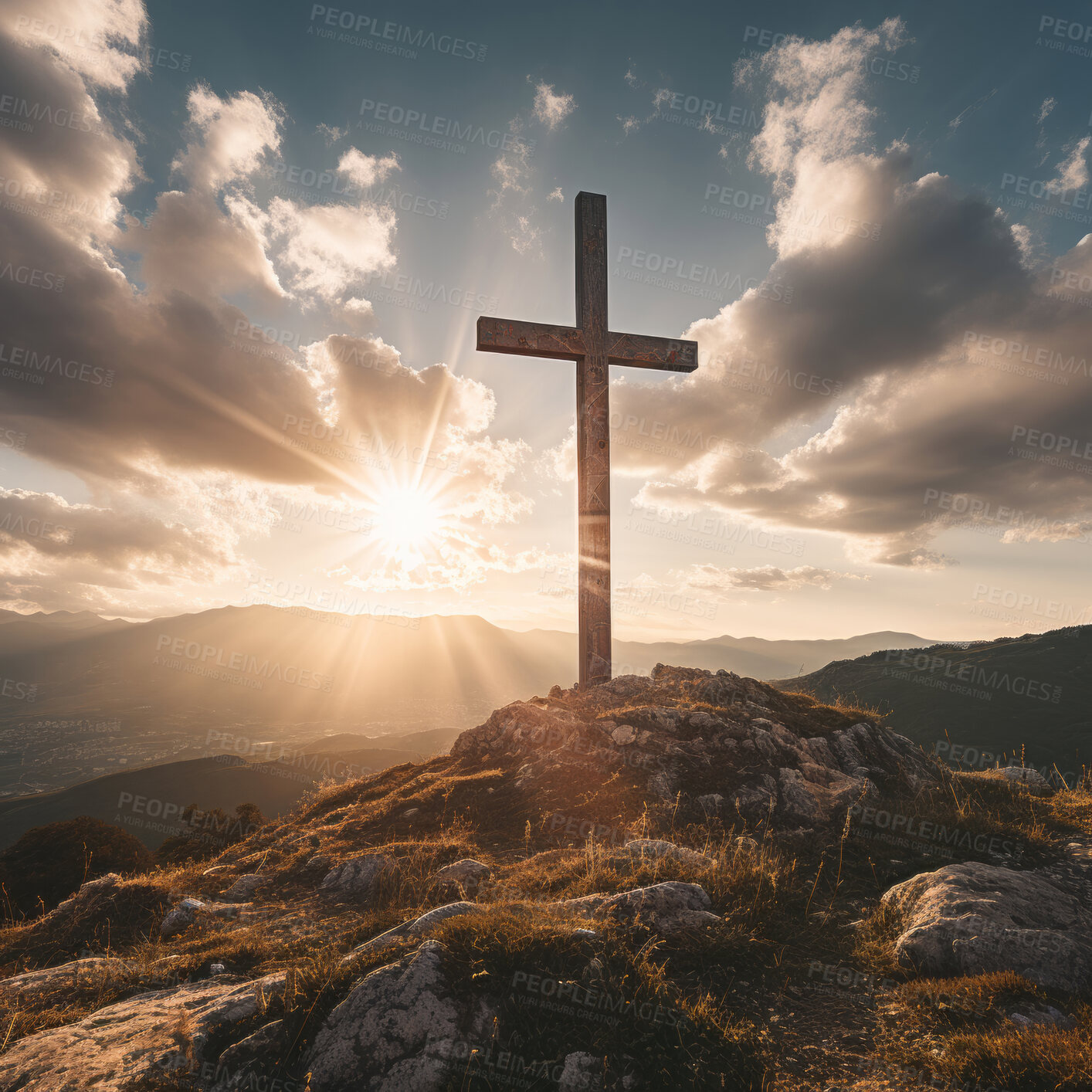 Buy stock photo Silhouette of christian cross on a hill. Sunset, golden hour. Religion concept.