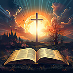 Graphic illustration of cross and bible in front of setting sun. Religion concept.