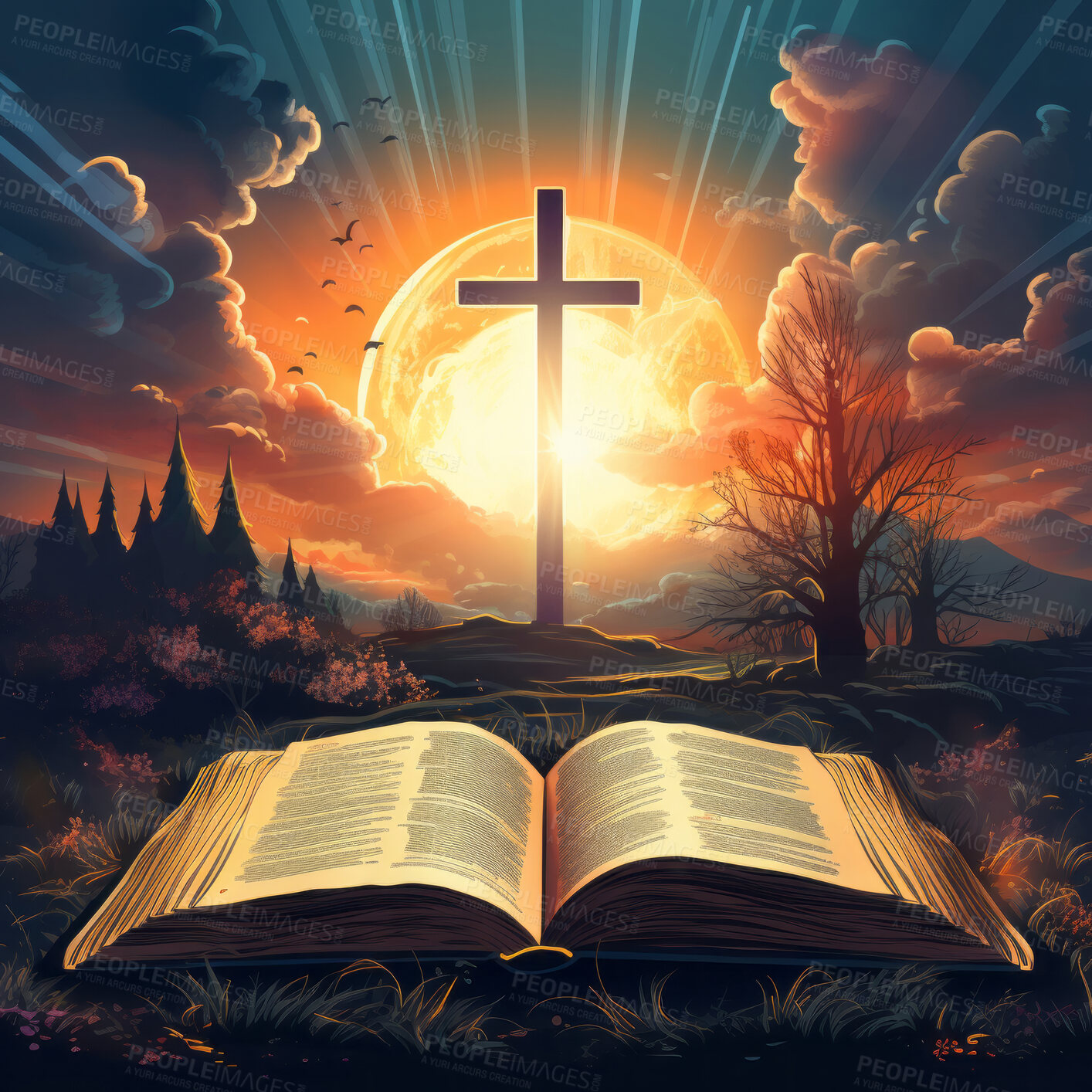 Buy stock photo Graphic illustration of cross and bible in front of setting sun. Religion concept.