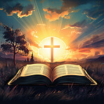 Graphic illustration of cross and bible in front of setting sun. Religion concept.