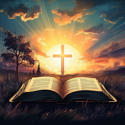 Graphic illustration of cross and bible in front of setting sun