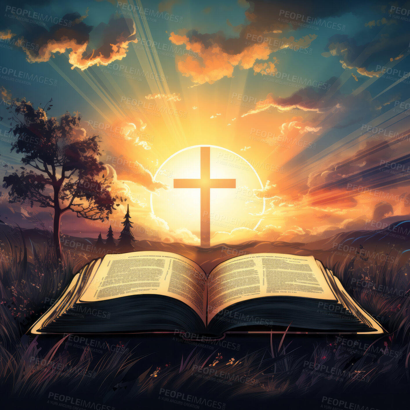 Buy stock photo Graphic illustration of cross and bible in front of setting sun. Religion concept.