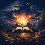 Graphic illustration of cross and bible in front of setting sun. Religion concept.