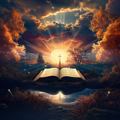 Graphic illustration of cross and bible in front of setting sun. Religion concept.