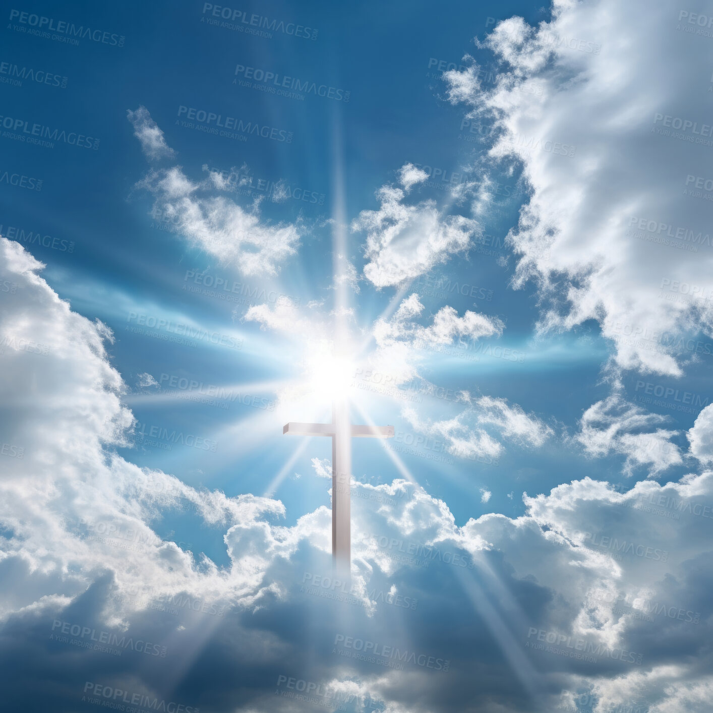 Buy stock photo Christian cross seen in cloudy sky with sun. Religion concept.