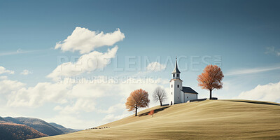Wide angle view of church in remote hills. Religion concept.