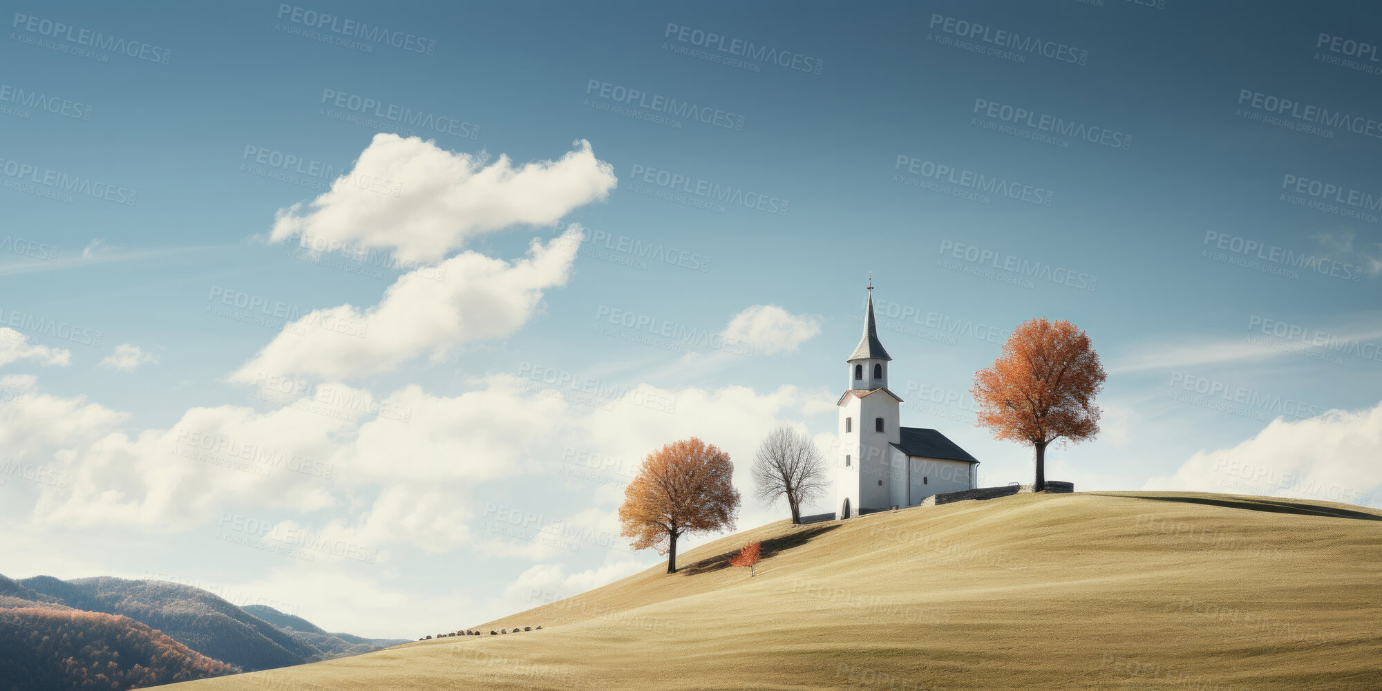 Buy stock photo Wide angle view of church in remote hills. Religion concept.