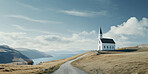 Wide angle view of church in remote hills. Religion concept.