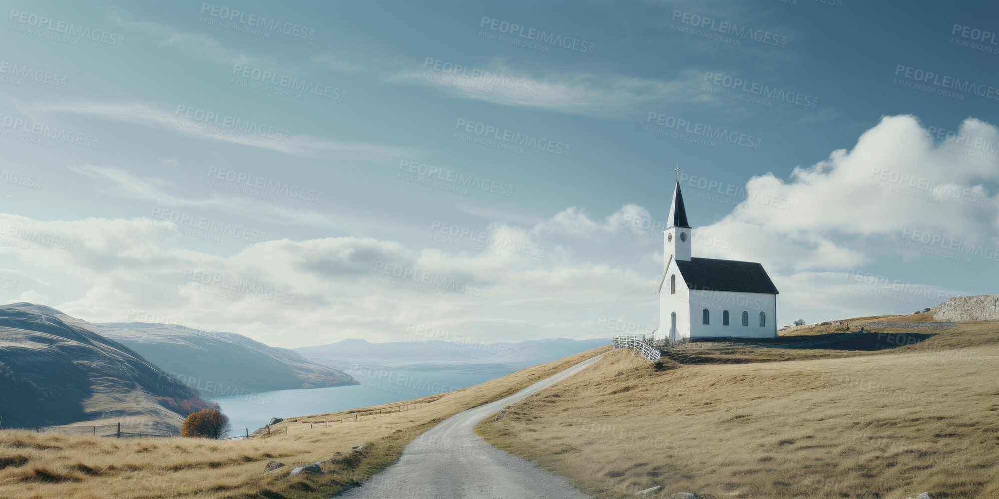 Buy stock photo Wide angle view of church in remote hills. Religion concept.